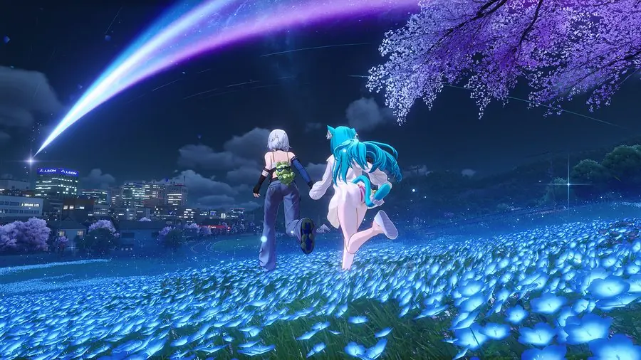 Two characters run through a glowing blue flower field at night with a comet overhead and the city skyline behind